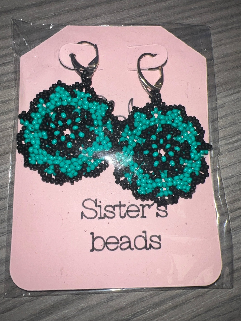 Turquoisey/green & Black flower Beaded Drop Earrings